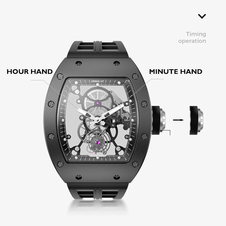 CRONUSART Men Tourbillon Watch Tonneau Mechanical Wristwatch 5Bar Ceramic Case Luminous Fluororubber Strap Sapphire Mirror