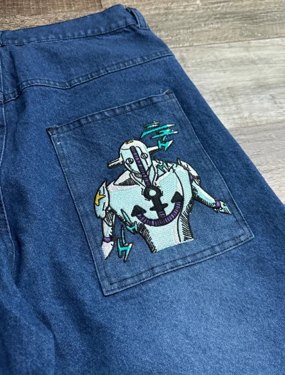 Women's Blue High Waisted Anime Embroidered Washed Jeans, Wide Leg Denim Pants, Street Wear Y2K Loose Pants