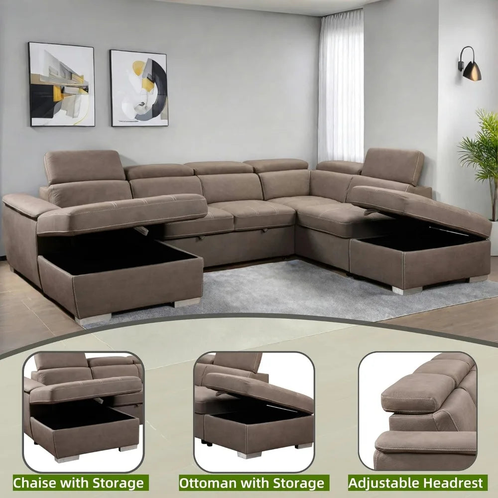 thsuper 127'' microfiber oversized u shaped sectional sleeper sofa couch with pullout bed, 7 seat couches with adjustable headre
