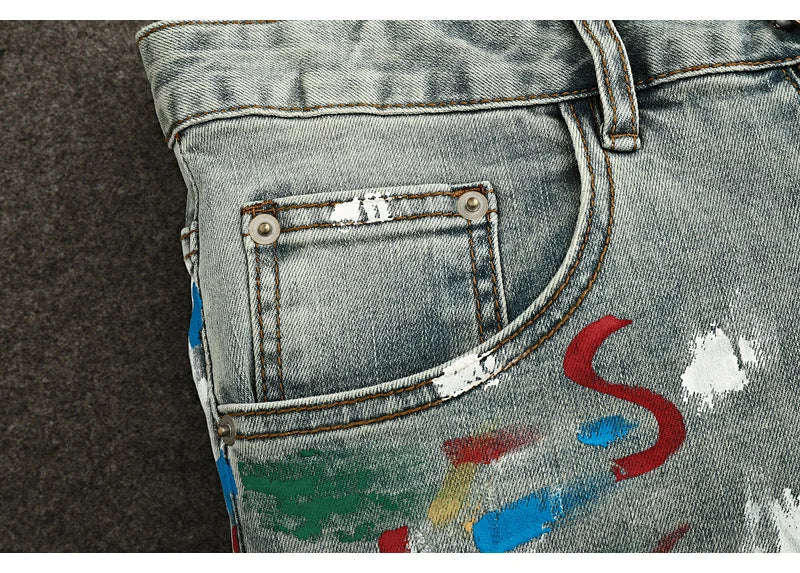 High Street Fashion Men Jeans Retro Washed Blue Stretch Slim Fit Ripped Jeans Men Painted Designer Vintage Denim Pencil Pants