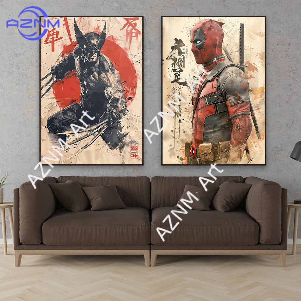 Deadpool Wolverine Art Poster Superhero Hulk Classical Japanese Style Prints Iron Man Spider Man Canvas Painting Decor