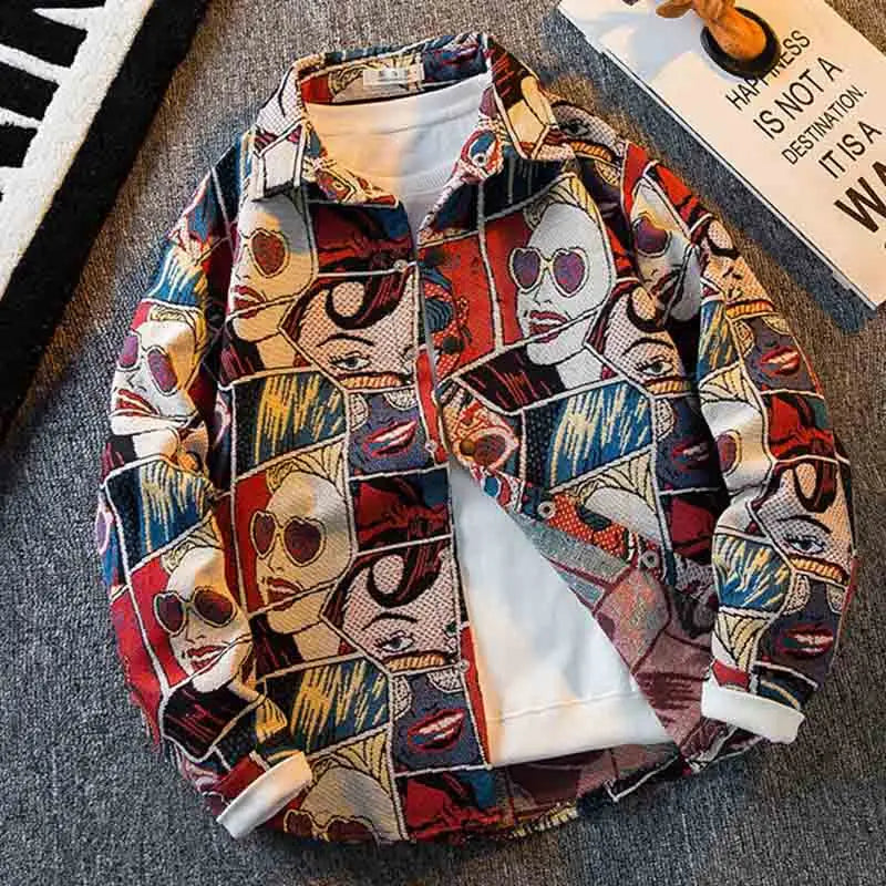 Japanese Cartoon Anime Shirt Men Long-sleeved Korean Streetwear Autumn High-end Handsome Jacquard Shirt Casual Blouse Jacket