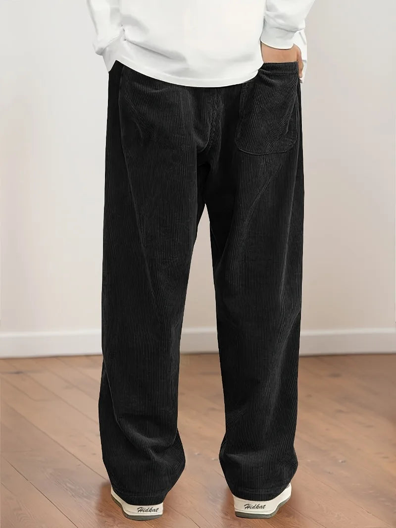 Women's Corduroy Pants Texture Straight-Leg Trousers with Drawstring Waist & White Piping - All-Season Casual to Semi-Formal