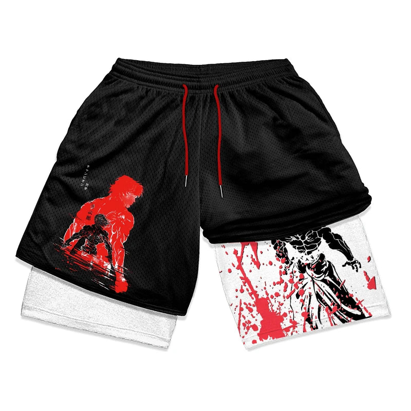 Anime Baki Hanma Gym Workout Shorts for Men Athletic Quick Dry 2 in 1 Compression Shorts Cosplay Costume