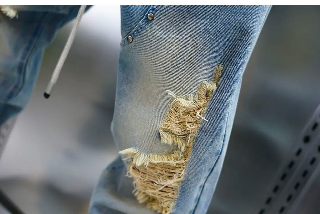 Men's distressed ripped drawstring and cuffed jeans with rivet embellishments high-street slim-fit trousers brand men clothing