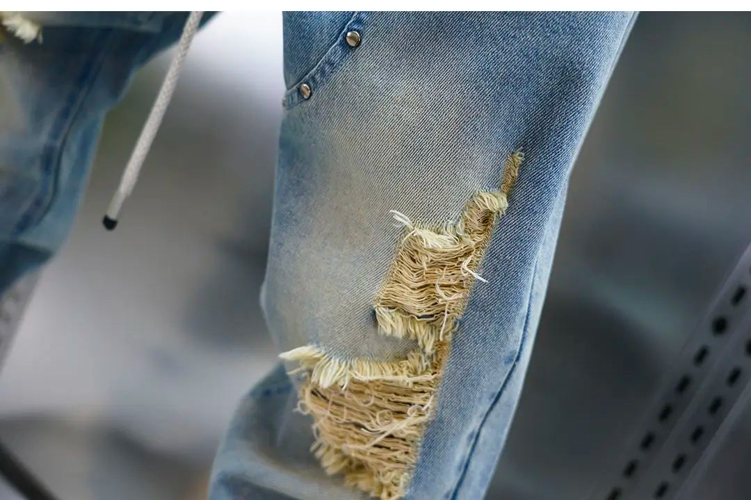 Men's distressed ripped drawstring and cuffed jeans with rivet embellishments high-street slim-fit trousers brand men clothing