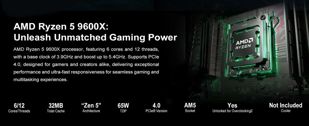 Mloong Gaming PC Desktops AMD Ryzen 5 9600X, Radeon RX 9060XT 8GB, 1TB SSD, 32GB DDR5 RAM, 650W, Win11, WiFi, Black