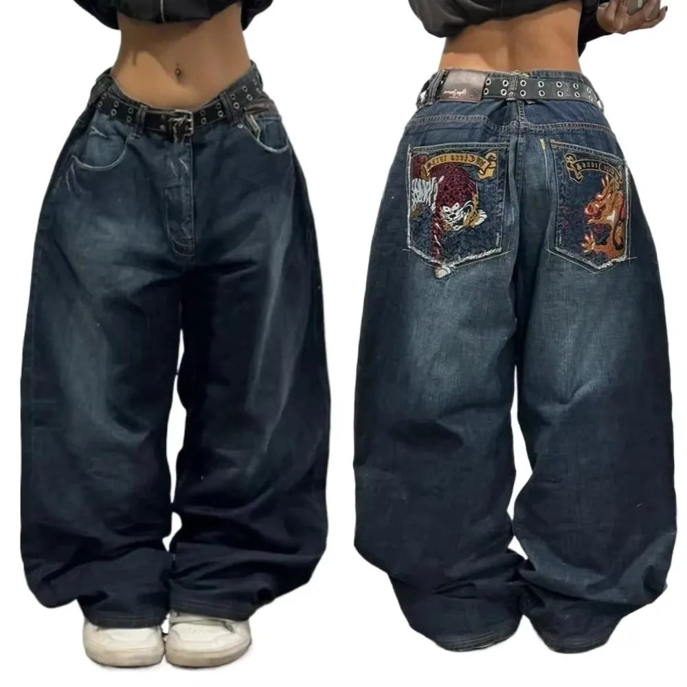 American Retro Hip-Hop Cherry Blossom Dragon Embroidery Baggy Jeans For Men and Women Y2K New Gothic Hip-Hop Casual Street Wear