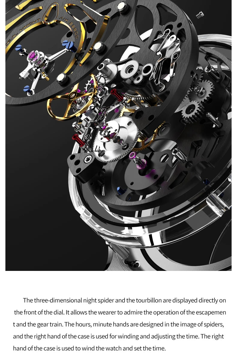 Ideal Knight Automatic Mechanical Watch for Men Hollow out Spider Design   Flywheel Movement Sapphire Mirror Men's Watches