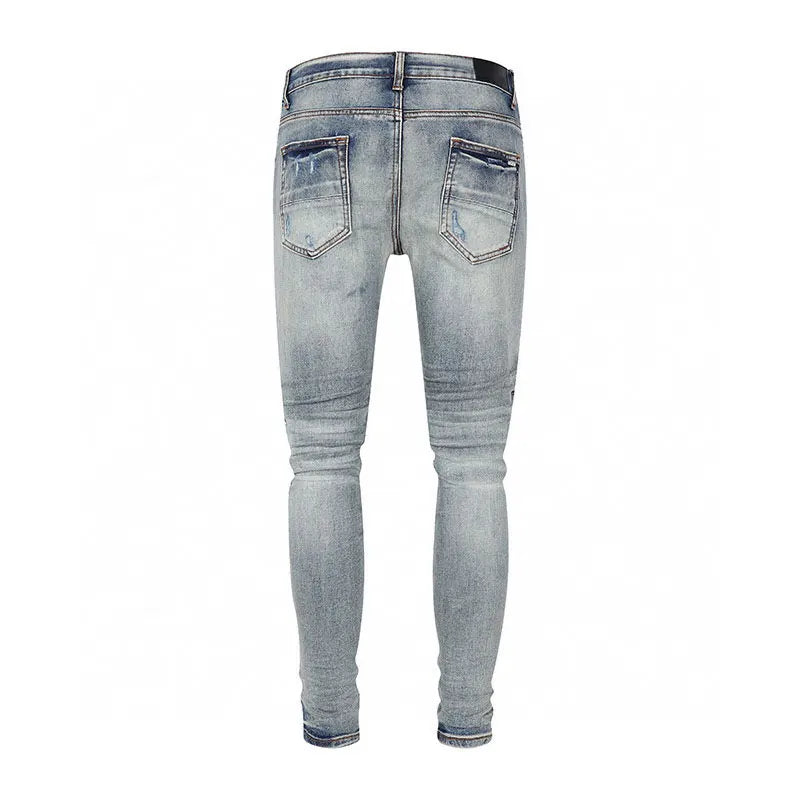 European and American designers fashion new men's jeans stretch slim fit retro light blue patchwork white patch jeans high stree