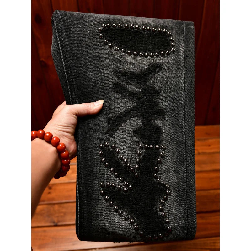 Metal Decor Design Black Jeans Men Trendy Ripped Fashion Retro Nostalgic Street Slim Fit Skinny Pants
