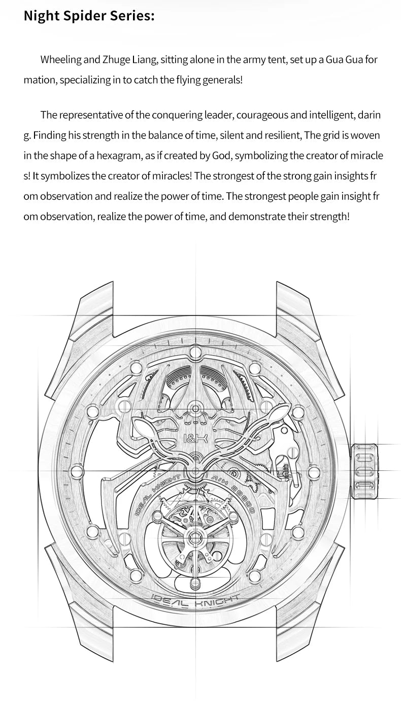 Ideal Knight Automatic Mechanical Watch for Men Hollow out Spider Design   Flywheel Movement Sapphire Mirror Men's Watches