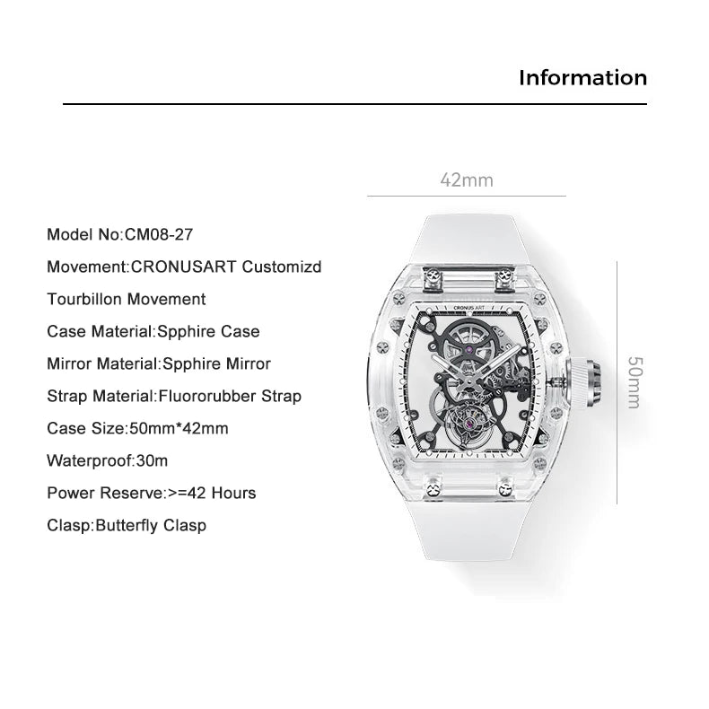 CRONUSART Men Tourbillon Watch 50mm Tonneau Mechanical Wristwatch Sapphire Case Mirror Luminous Fluororubber Strap Skeleton Dial