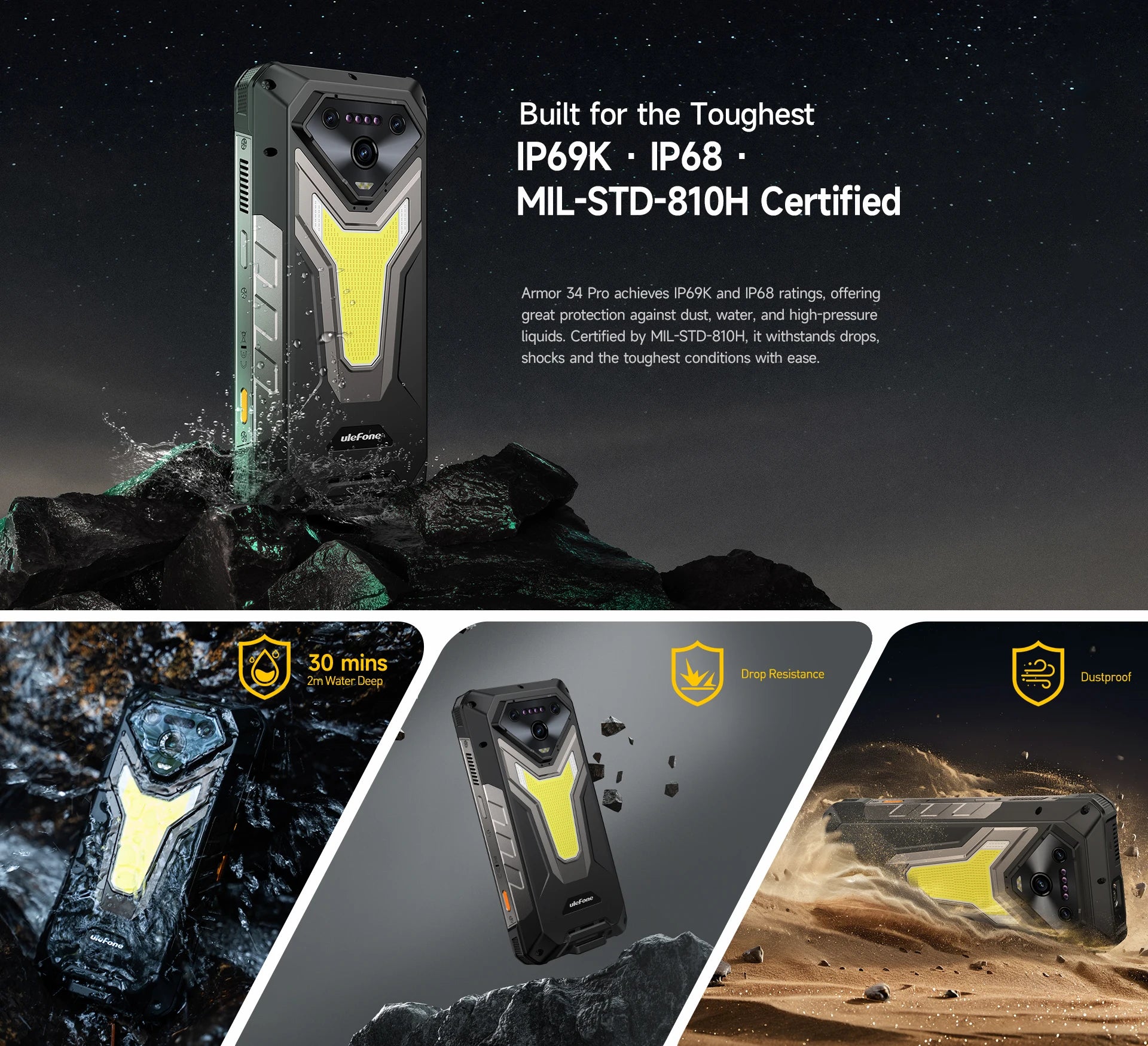 Ulefone Armor 34 Pro Plus 5G AI Rugged Phone  6.95" 25500mAh 32GB+512GB Built-in Projector 120Hz NFC Dimensity 7400X Smartphone