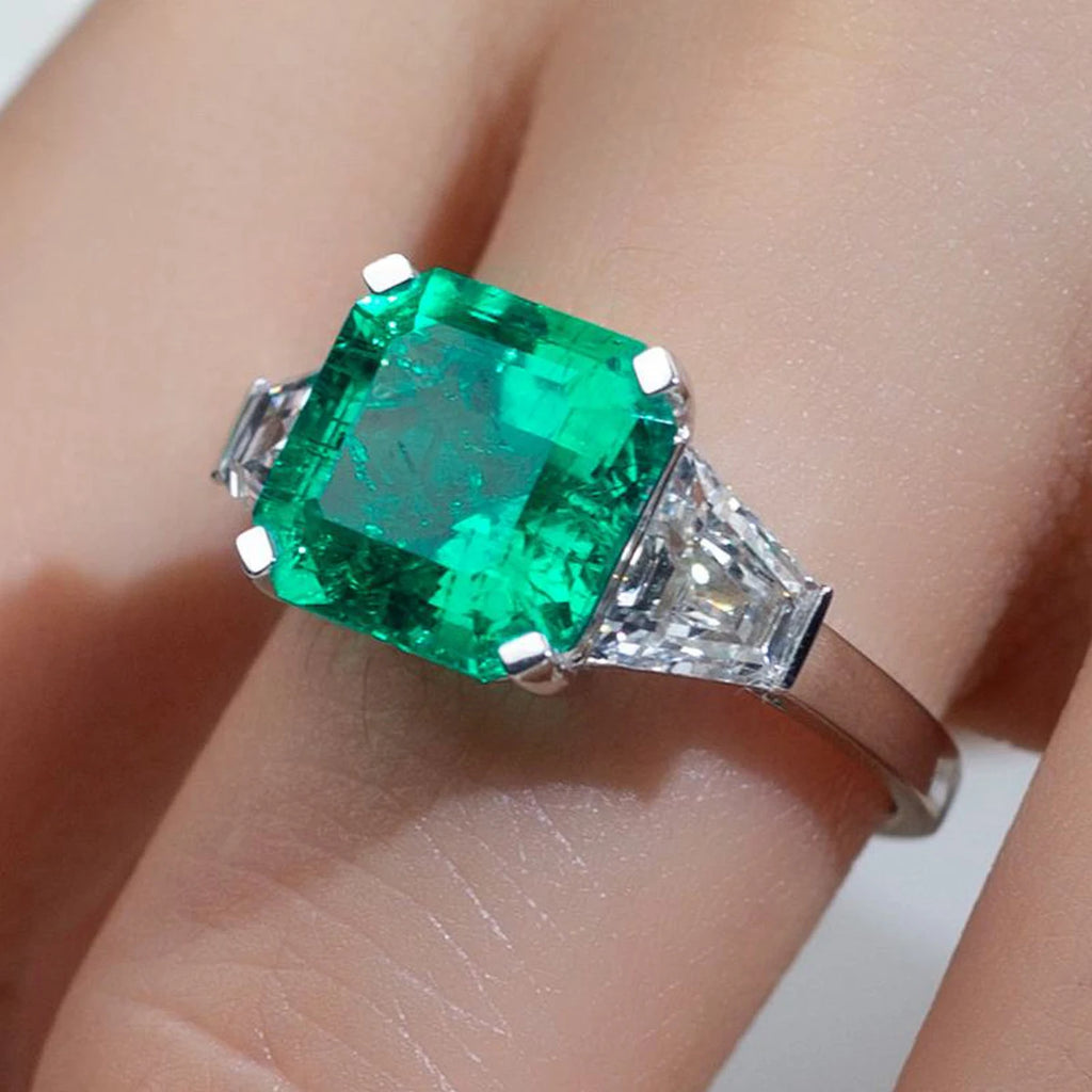 Square Emerald Cut Lab Grown Emerald Ring Three-stones 18K White Gold Lab Grown Emerald Ring Men Jewelry Gift