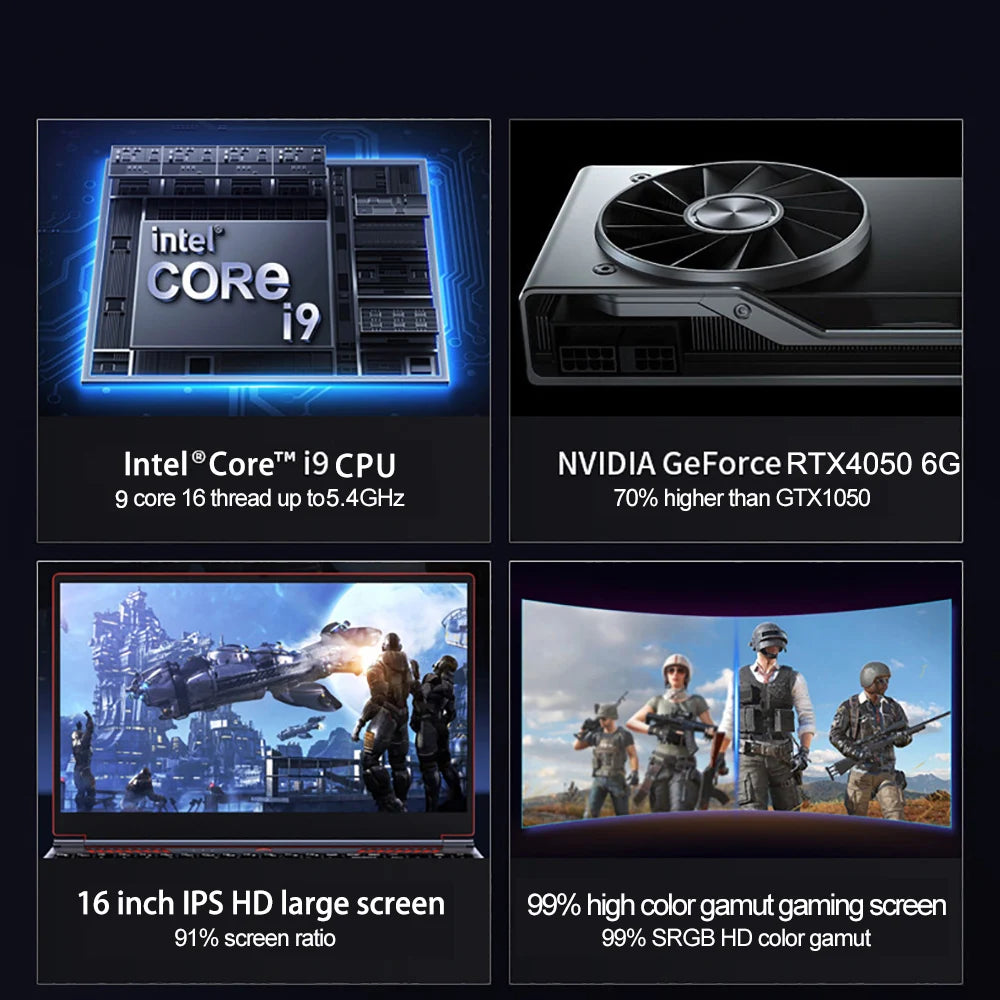 16.1 Inch Gaming Laptop RTX4050 6G Intel Core i9-13900HK Windows11 RAM Max 64GB DDR5 2*M.2 NVME 2TB SSD WiFi Office Notebook