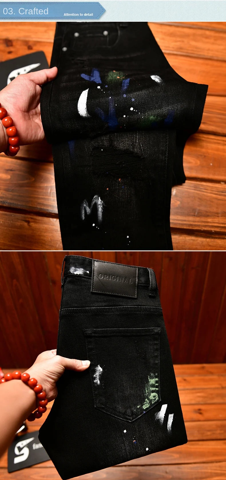 2025 Autumn American Fashion Black Jeans Men's Slim Fit Version with Piercing Patch Paint Printed Street Trendy Pants