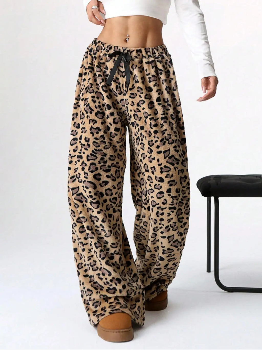 Women Casual Trousers Elastic Waistband Drawstring Tie Pajama Bottoms Leopard Print Wide Leg Lounge Pants
