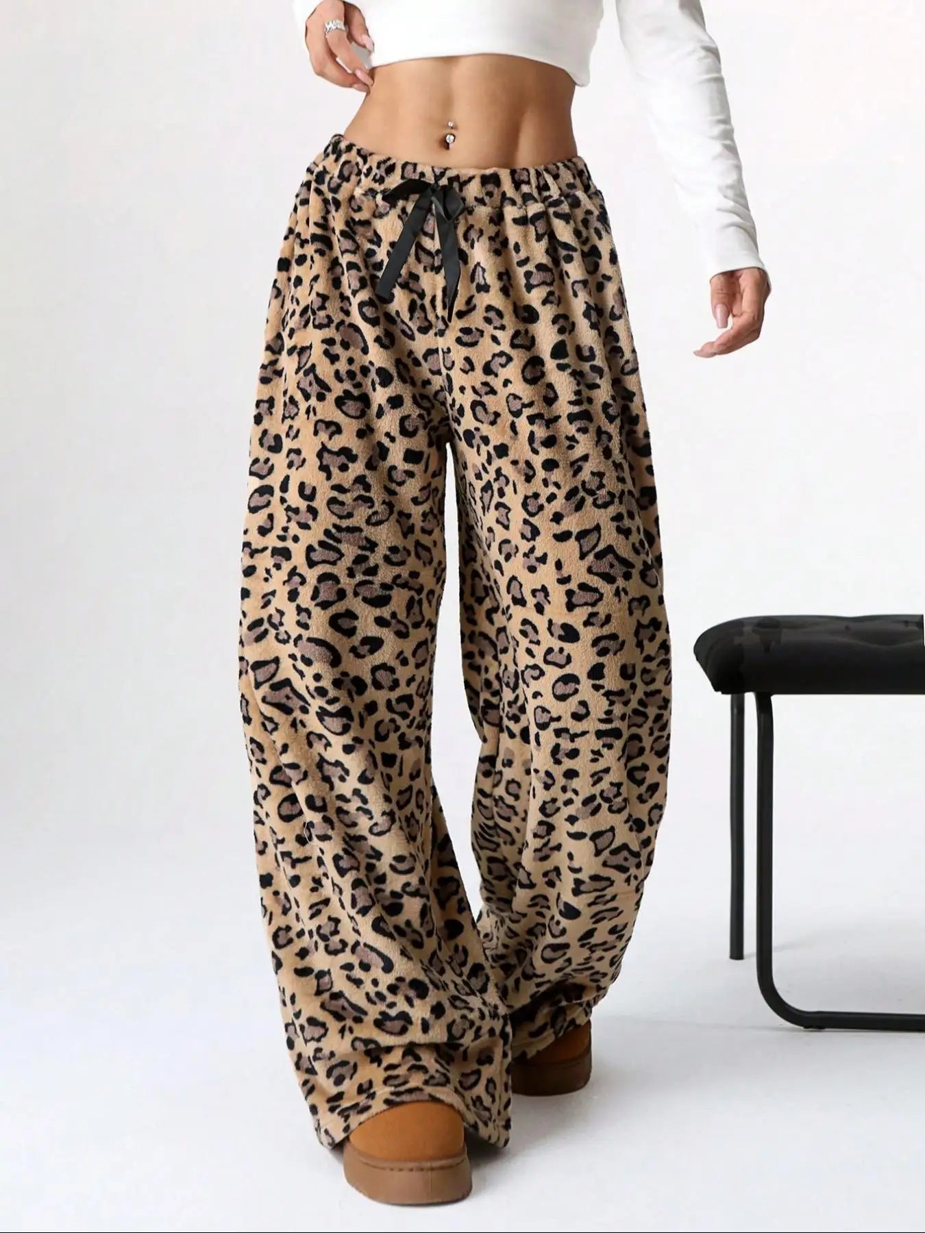 Women Casual Trousers Elastic Waistband Drawstring Tie Pajama Bottoms Leopard Print Wide Leg Lounge Pants