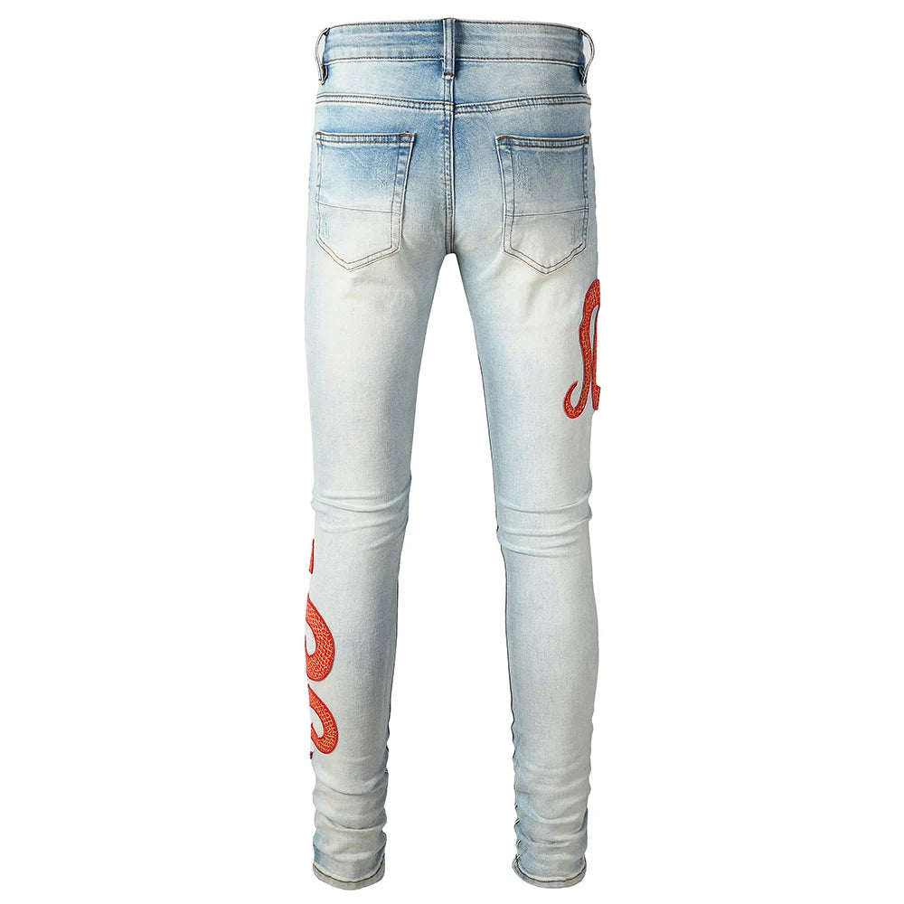Men's Snake Embroidery Skinny Jeans Streetwear Red Leather Patch Pants Holes Ripped Distressed Denim Tapered Trousers