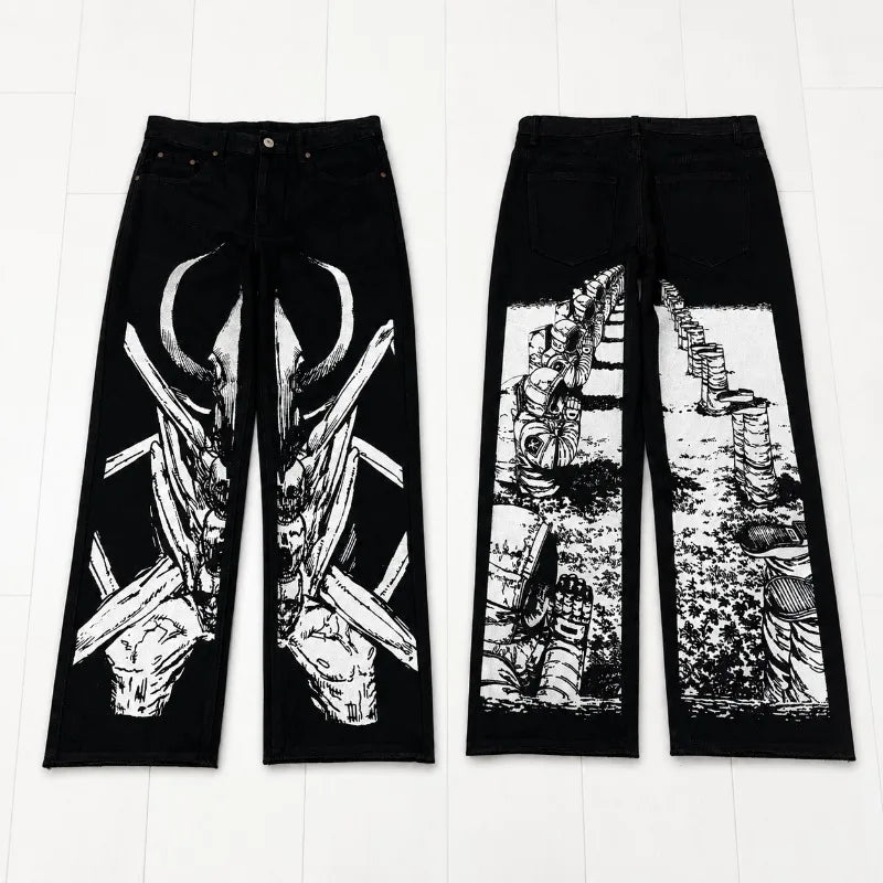 Anime Print Baggy Jeans Men Harajuku Hip Hop Black Denim Pants Streetwear Y2K Manga Graphic Wide Leg Trousers Gothic Clothes