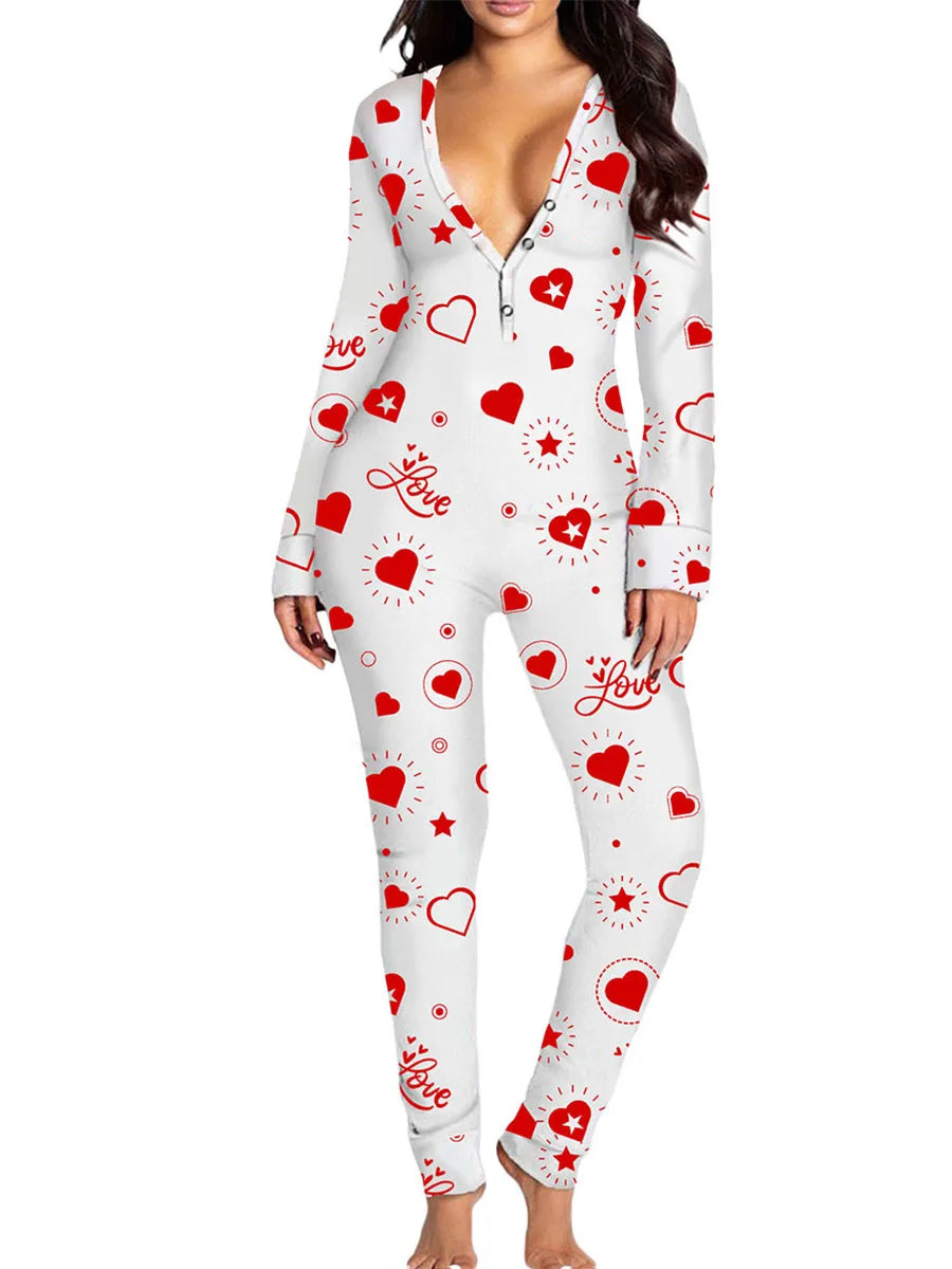 Women Jumpsuit Long Sleeve V Neck Button Closure Letters Heart Print Bodysuit Loungewear Sleepwear for Valentines Day
