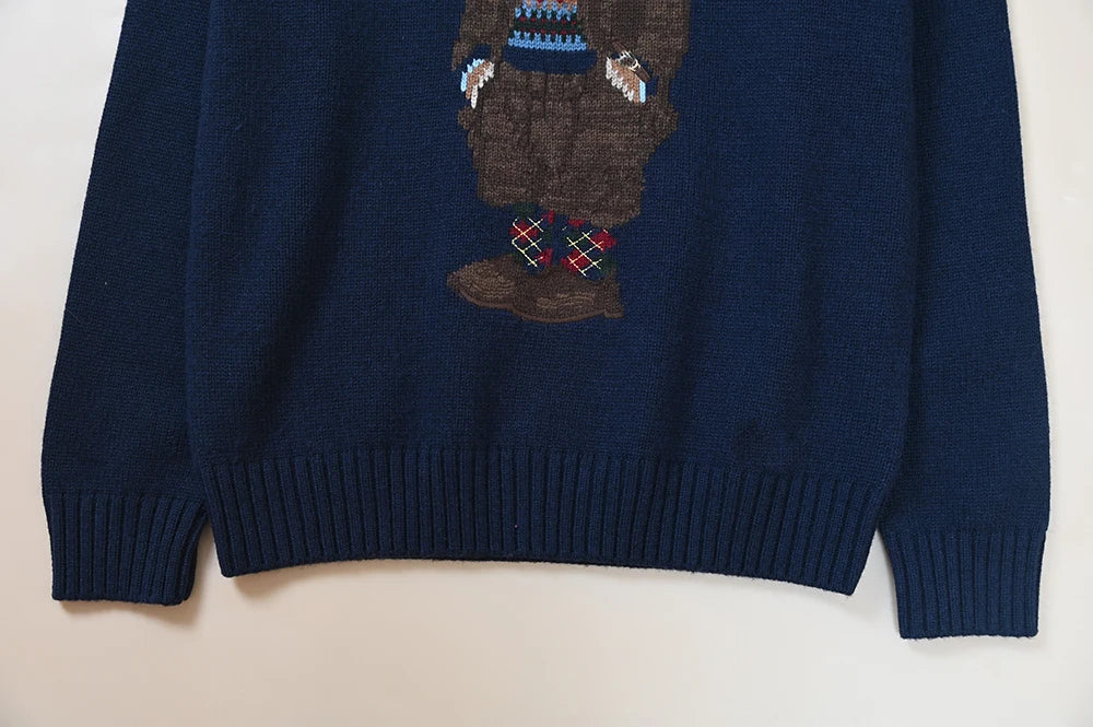 Autumn Winter Men's Knitted Sweater Heavy Embroidery Cartoon Pattern round Neck College Style Ageless Versatile Long Sleeve Top