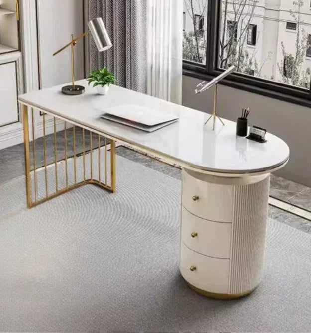 Modern White Executive Office Desk Wooden Computer Table with Gold Metal Legs Home Office Study Writing Workstation