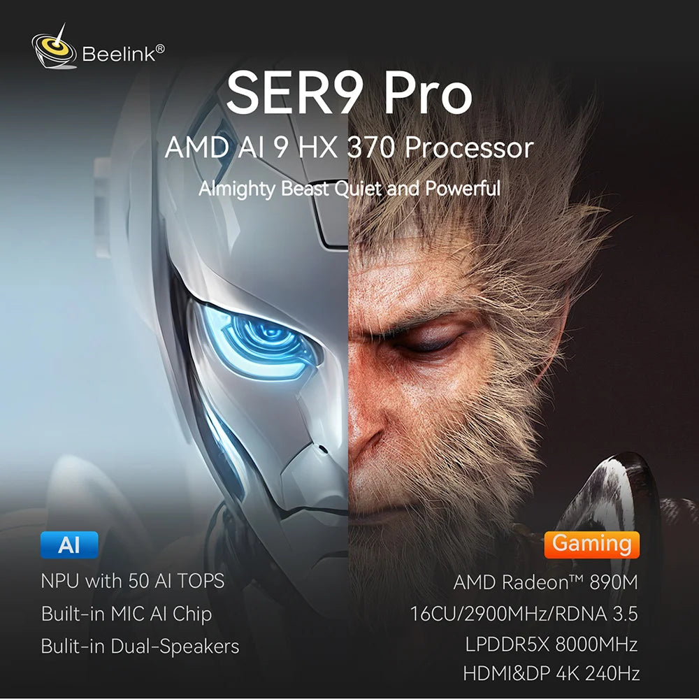 Beelink SER9 PRO Powerful AI Mini PC DDR5 AMD Ryzen AI 9 HX370 Gaming PC Max 64GB 2TB NVME SSD Desktop Computer Windows 11 PRO