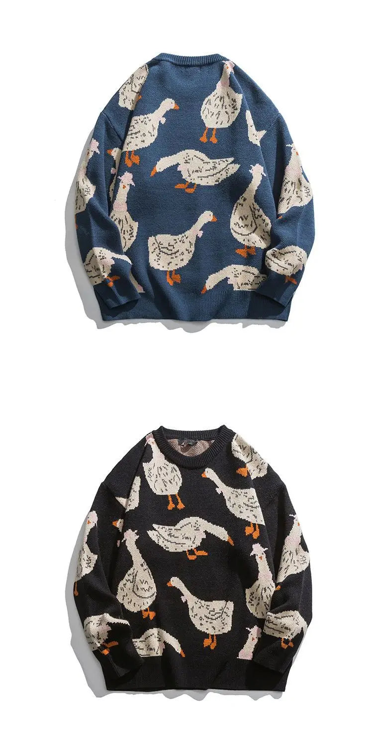 Chic Cartoon Animal Duck Goose Print Knitted Sweater Men Pullover Harajuku Casual O-Neck Oversize Streetwear Fall Winter Top
