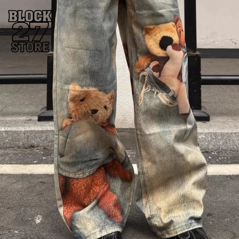 American Retro Vintage Washed Teddy Bear Graphic Printed Jeans Unisex Baggy Straight Y2K Streetwear Wide Leg Trousers Harajuku