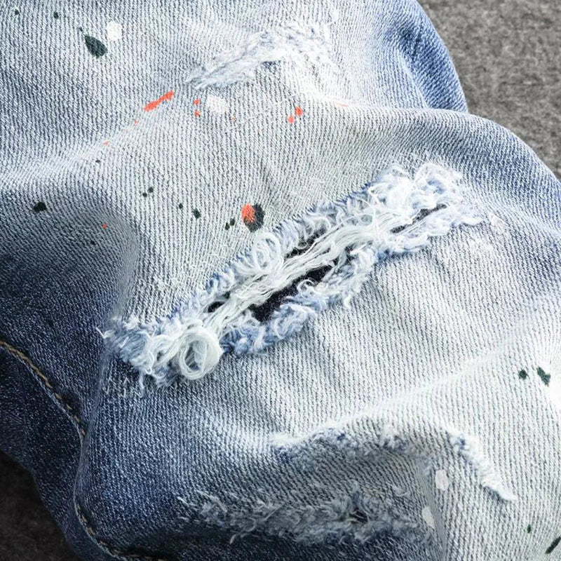 Fashionable new jeans washed with nostalgia, stretchy, slim fit, light blue, men's ripped patch jeans, high street hip-hop pants