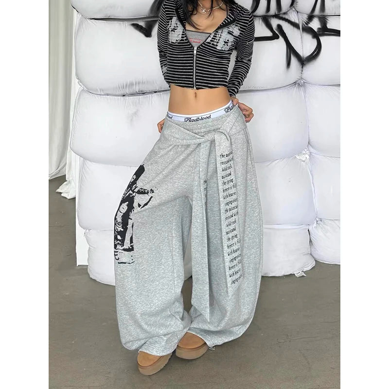 ZHIZOU Women Gray Gothic Baggy Y2k Letter Print Pants Harajuku 2000s Vintage Oversize Sweatpants Wide Leg Trousers Autumn 2025