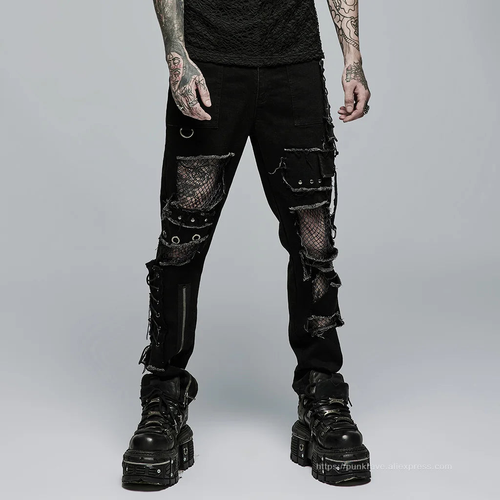 PUNK RAVE New Men's Punk Rock Broken Hole Net Black Long  Trousers Gothic Casual Male Motocycle Cotton Denim Pants Visual Kei