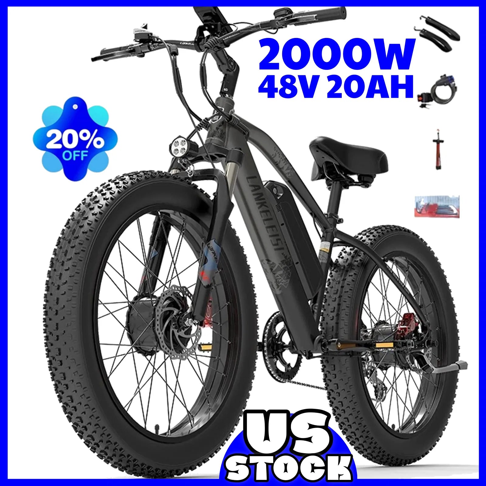 2000W LANKELEISI MG740PLUS Electric Bike 26" 48V 20AH Dual Motor Mountain E-bike