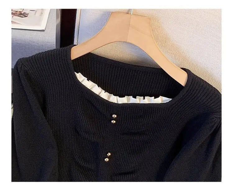 Pleated Slit Hem Contrast Patchwork Sweet Pullovers Women Clothing New Long Sleeve Fashion Sweaters Casual Korean Autumn Winter