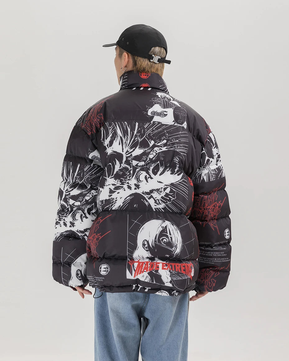 Streetwear Anime Printed Jacket Men Hip Hop Winter Parkas Coat Black Loose Puffer Padded Jackets  Y2K Oversized Bubble Coats Man