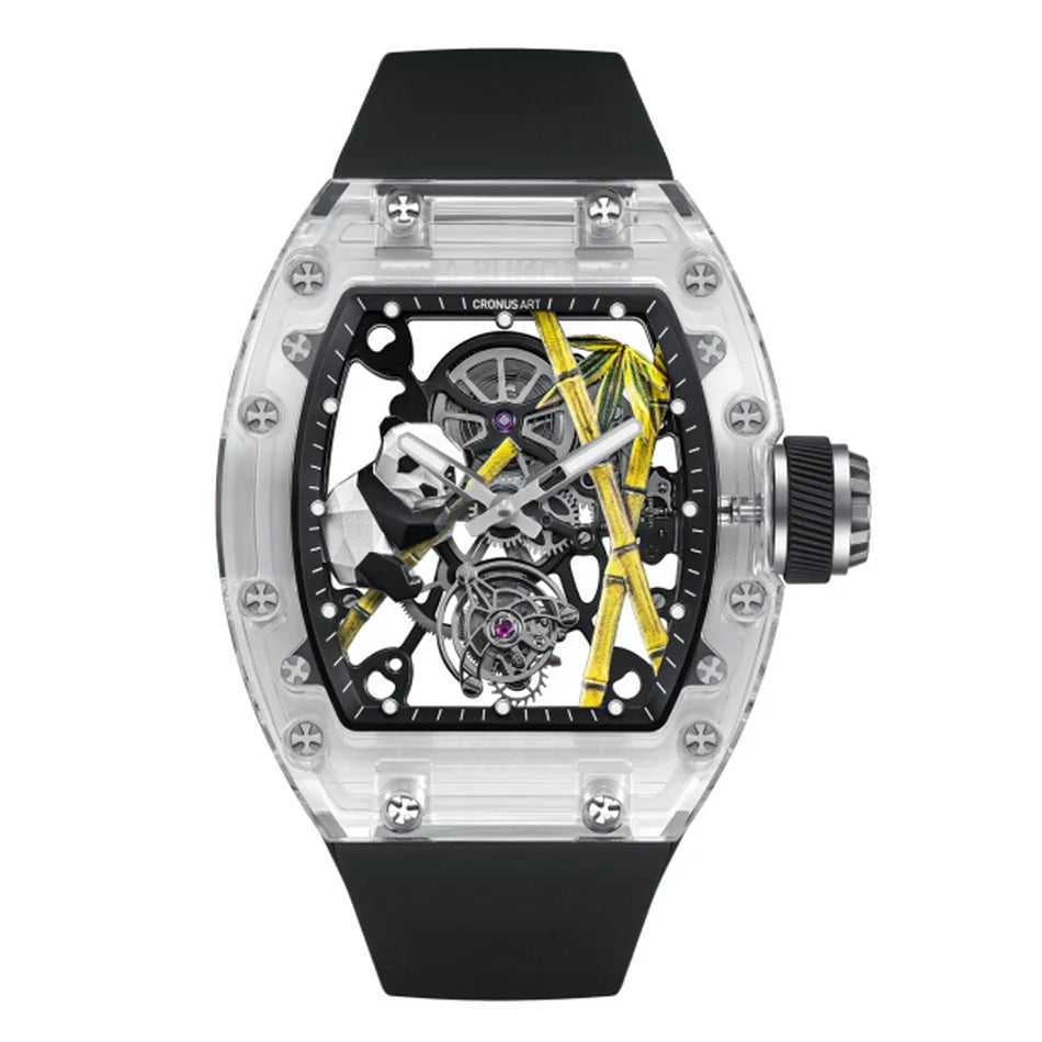 CRONUSART Men Tourbillon Watch 50mm*42mm Tonneau Sapphire Case Mechanical Wristwatch Fluororubber Strap Skeleton Panda Dial