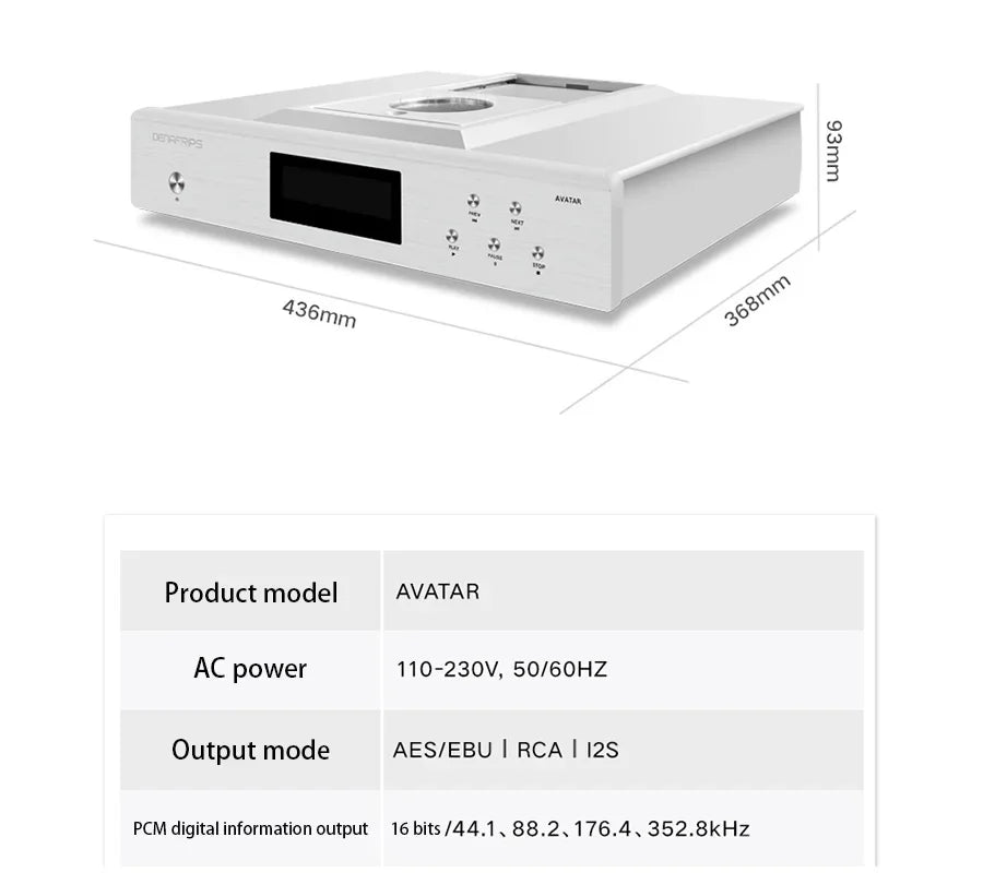 Denafrips AVATAR Lossless Music Top Opening CD Player Turntable, CDM4 Movement,AES/EBU/RCA/BNC/PCM/I2S,16bits/44.1,88.352.8k