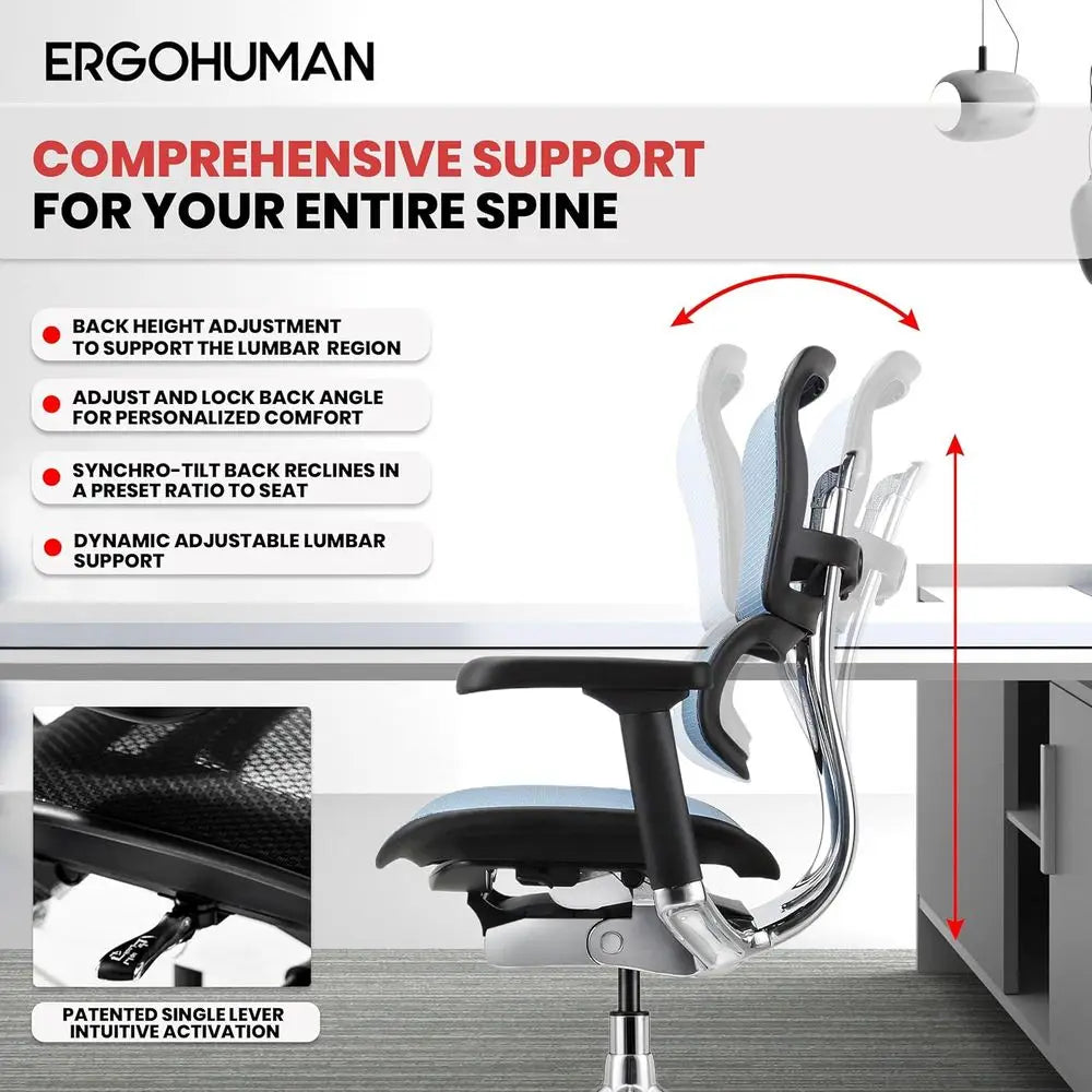 High Back Mesh Office Chair with Tension, Lock, Angle, Height, Synchro, Seat, Arm Adjustments, Blue