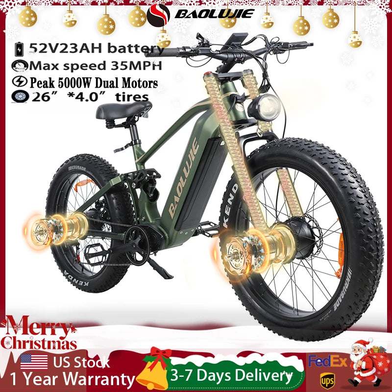 BAOLUJIE Peak 5000W Electric Bicycle Motor Electric Bike 26*4 Inches Tire Mountain E-bike 52V 23Ah Battery 36MPH Full Suspension