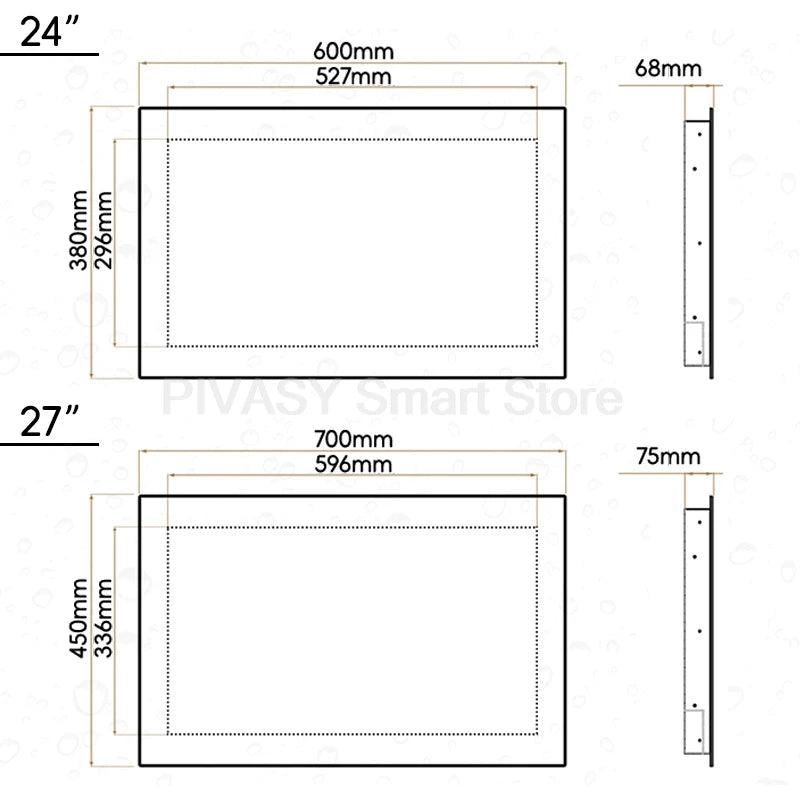 Wireless Casting LED 24 27 Inch Smart Screen TV Wall-mounted Monitor Relax for Bathroom Kitchen Mirror Black Waterproof Shower
