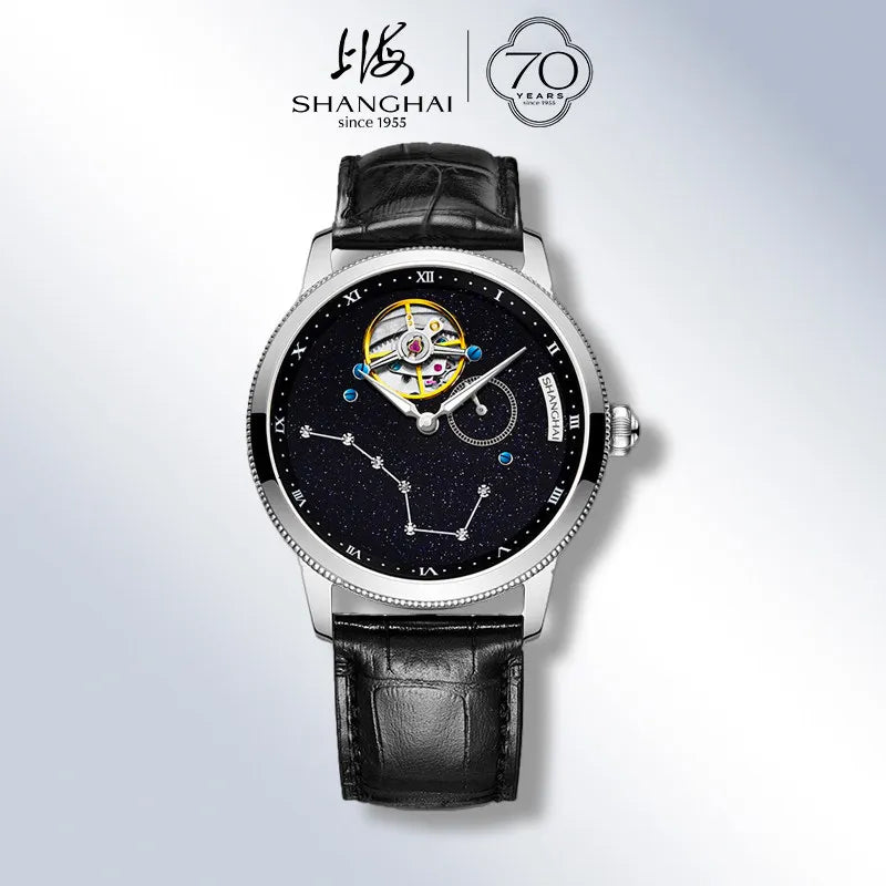 Shanghai Watch Carousel Manual Winding Mechanical Watches Luxury Men's Wristwatch Rotating Dial Luminous Waterproof Watch 6813J