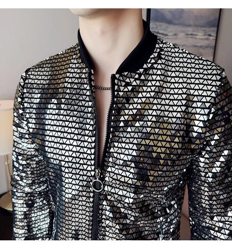 Jas Men's New Diamond Plaid Jackets Men Hip Hop Y2K Bombers Jacket Night Club Stage Streetwear Thin Coat Clothing Veste Homme