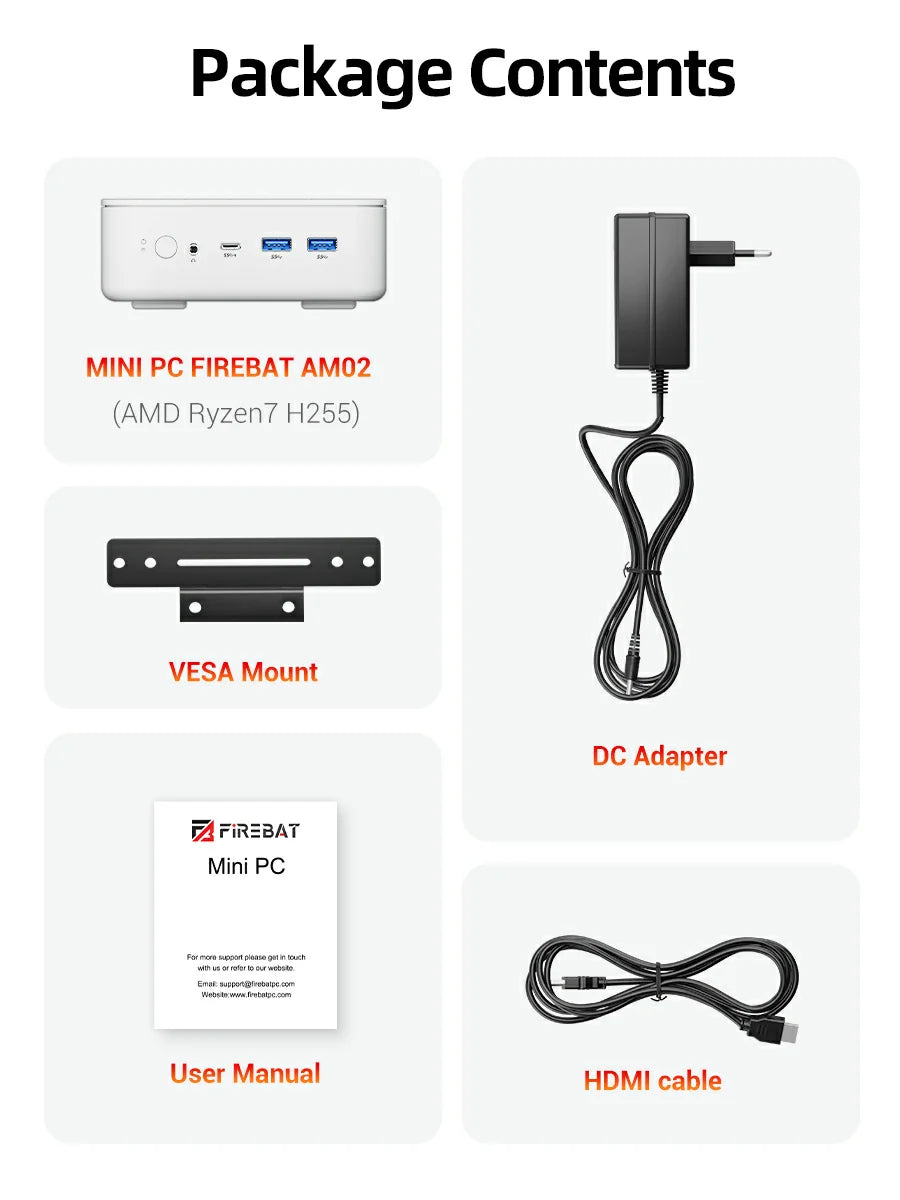 FIREBAT AM02 Mini PC AMD Ryzen 7 H255 DDR5 16GB RAM M.2 PCIe 512GB SSD WiFi6 BT5.2 1000M LAN Windows11 Desktop Computer