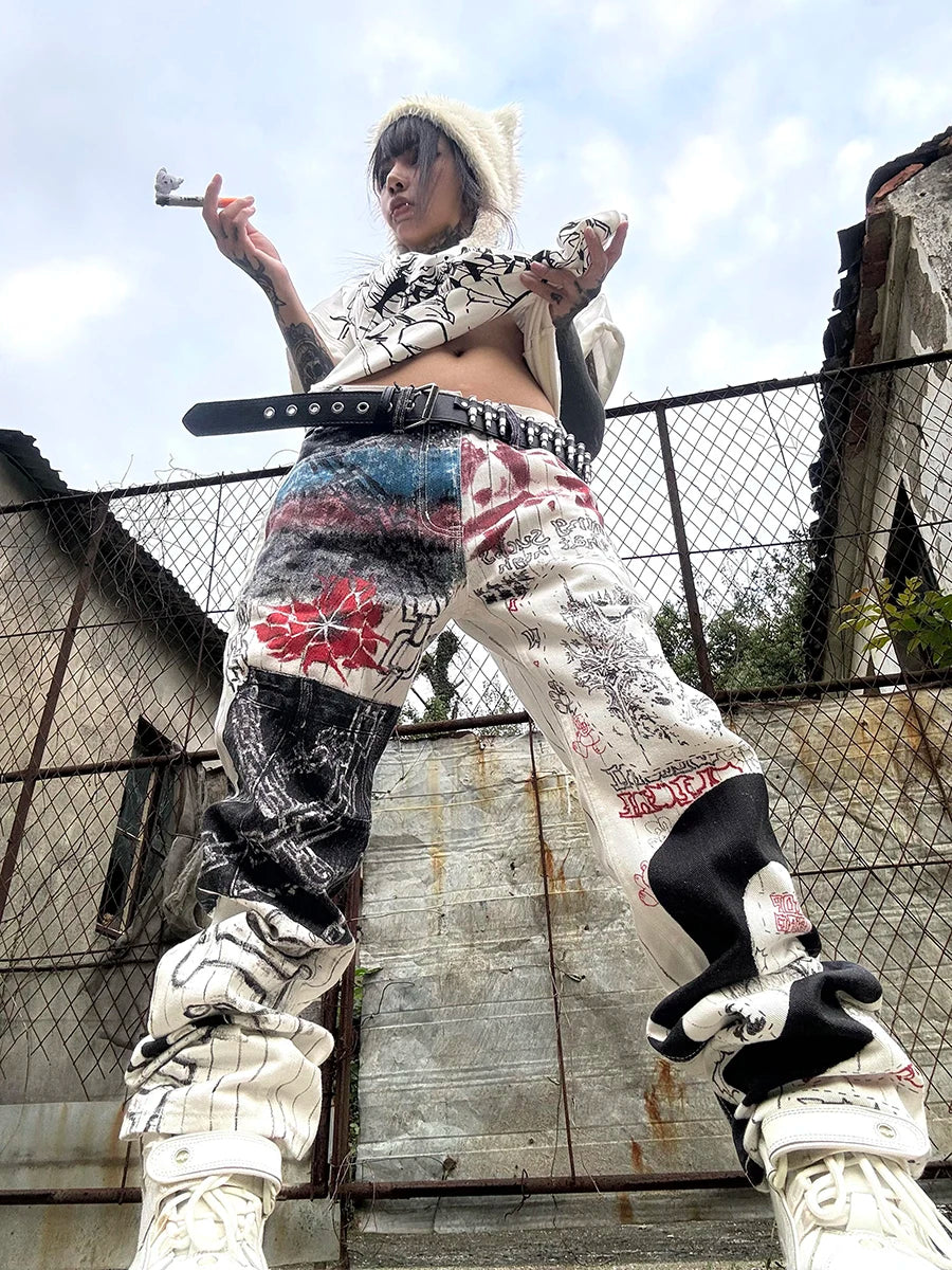 REDDACHiC Anime Graffiti Wide Leg Jeans Street Grunge Remake Paint-Splattered Straight High Waist Denim Pants Gyaru Y2k Bottoms