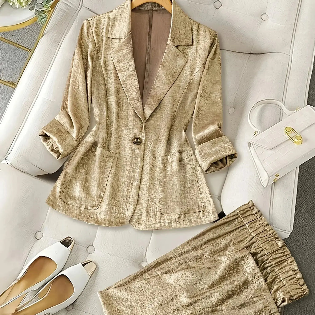 Metallic lapel single button pocket women's suit elegant jacket straight trousers suit, suitable for commuting, office, gatherin