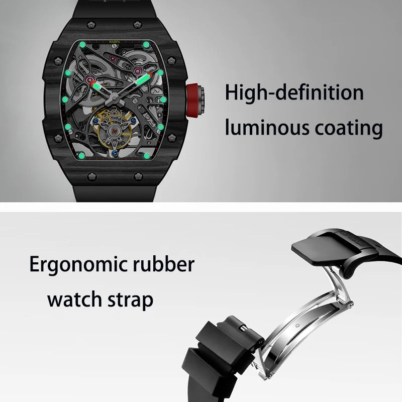 Haofa Automatic Tourbillon Watch Men Carbon Fiber Hollow Movement Luminous Sapphire Crystal Mechanical Man Watches Luxury 1901-1