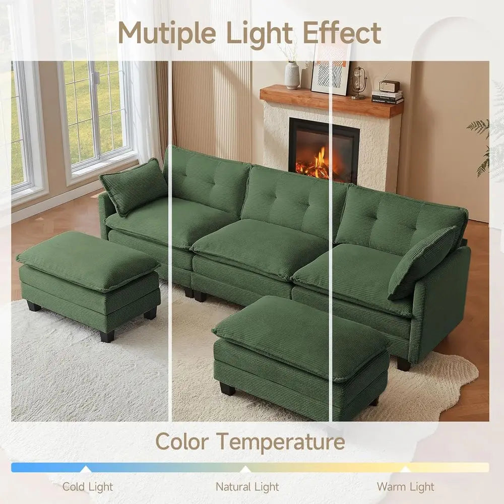 U-Shaped Corduroy 3-Seater Sofa with 2 Ottomans, Green Deep Seating Living Room Sectional