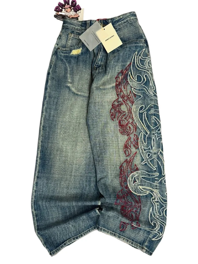 Y2K American New Pattern Embroidery Baggy Jeans Men High Street Vintage Hip Hop Fashion Casual Joker Couple Wide-leg Pants